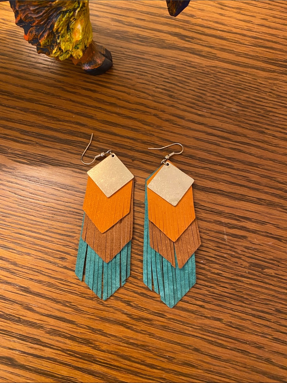 Handmade Layered Fringe Earrings - Orange, Brown & Teal